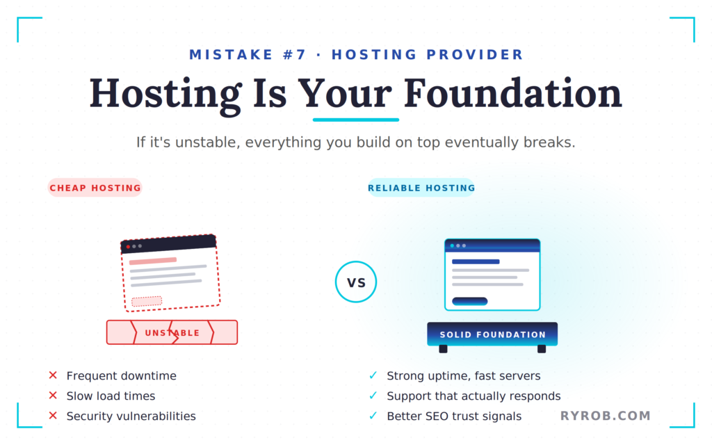Cheap vs reliable hosting comparison showing downtime risks and strong performance benefits.