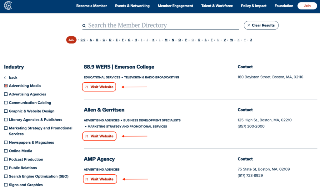 Membership directory listing example of building backlinks for small business