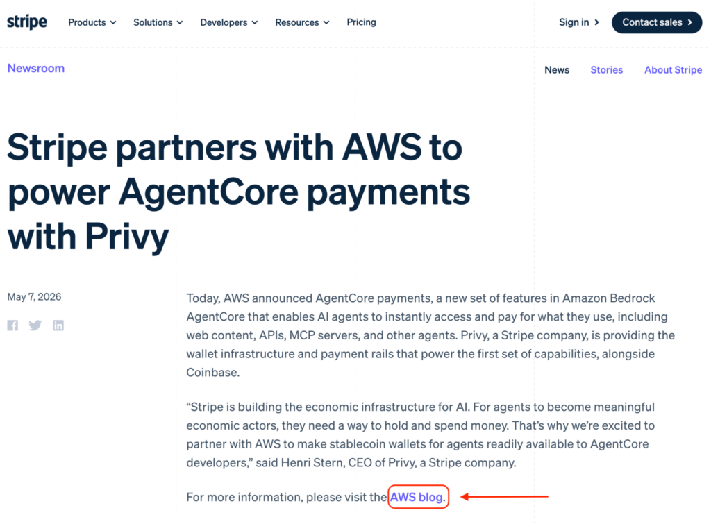 Example of a link building strategy at work (Stripe partnership)