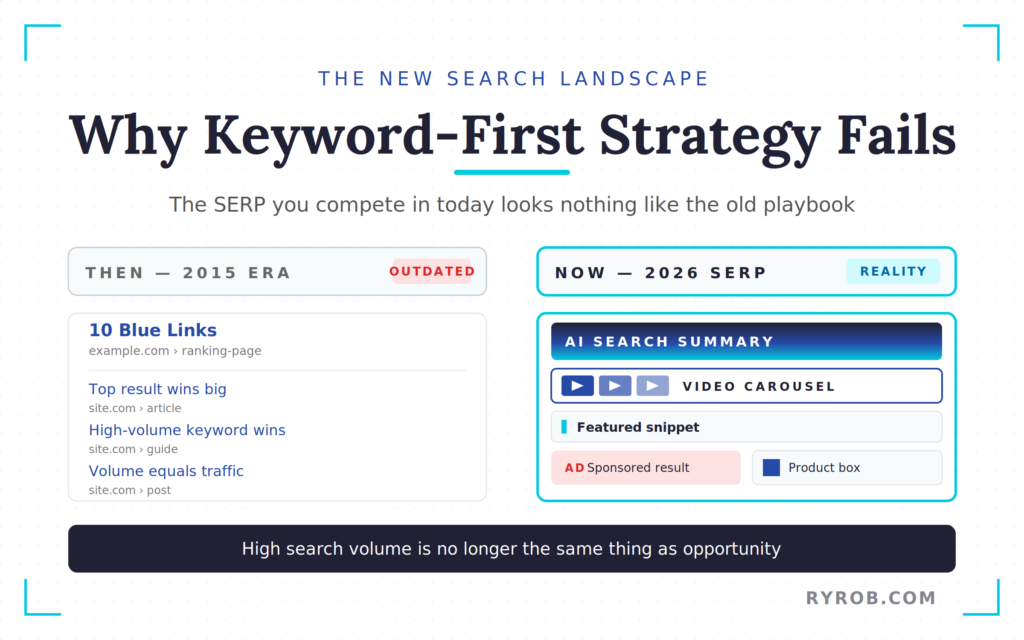 Comparison of old SEO results vs modern SERP with AI summaries, videos, and ads.