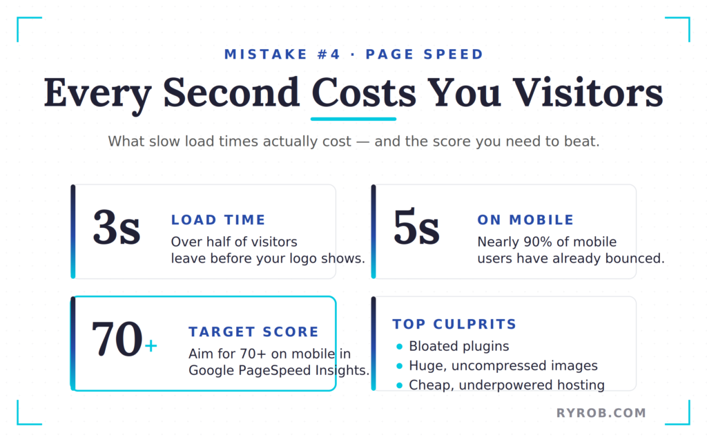 Page speed impact showing load time, bounce rates, and performance score targets