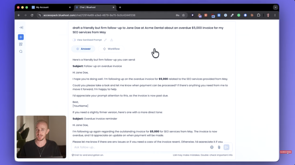 Drafting Secure Email Drafts with AI (Example) Bluehost AI All Access Pack Review