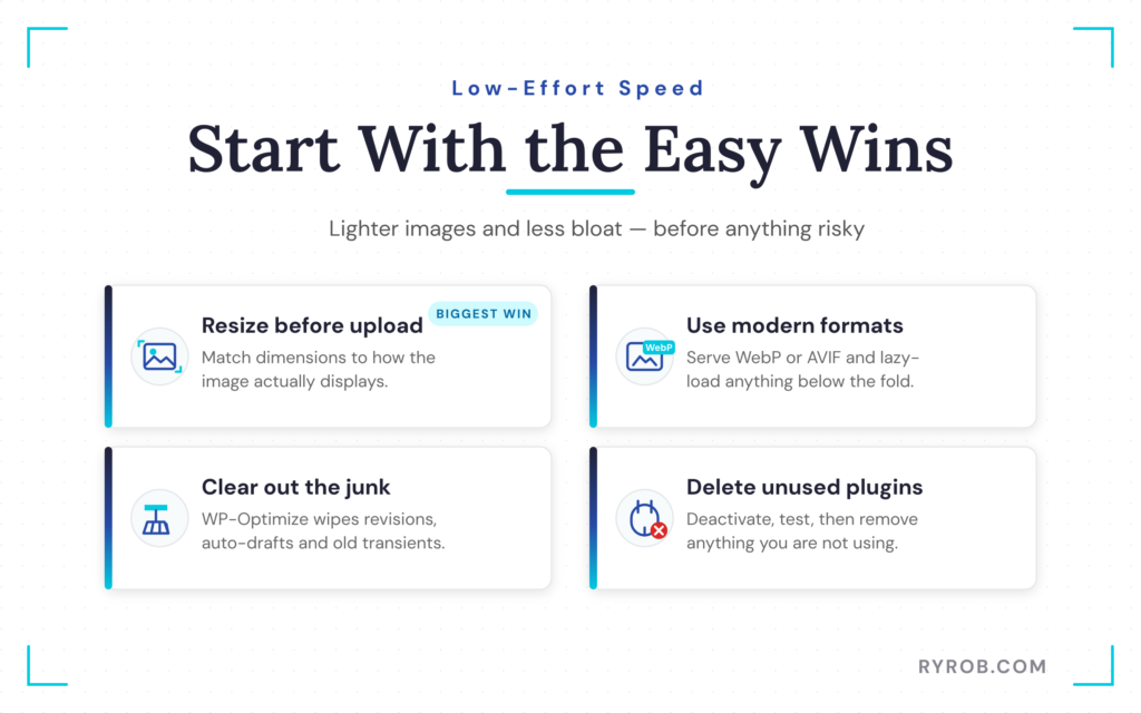 Easy WordPress speed fixes including image optimization and plugin cleanup.