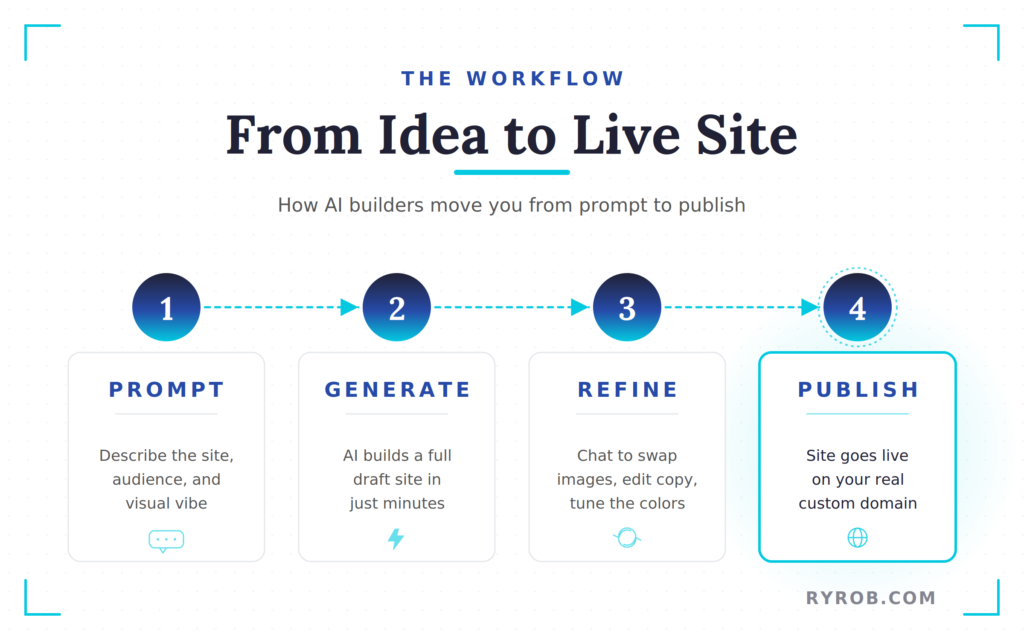 AI website builder workflow from prompt to publish.