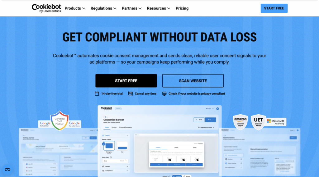 Cookiebot homepage.