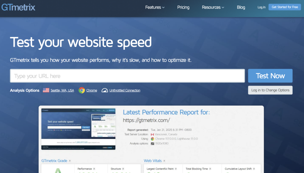 GTmetrix website speed test homepage.