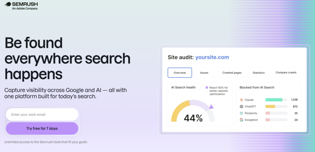 Semrush AI visibility homepage.