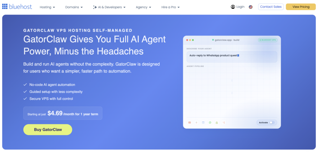 Bluehost no-code ai agent GatorClaw homepage.