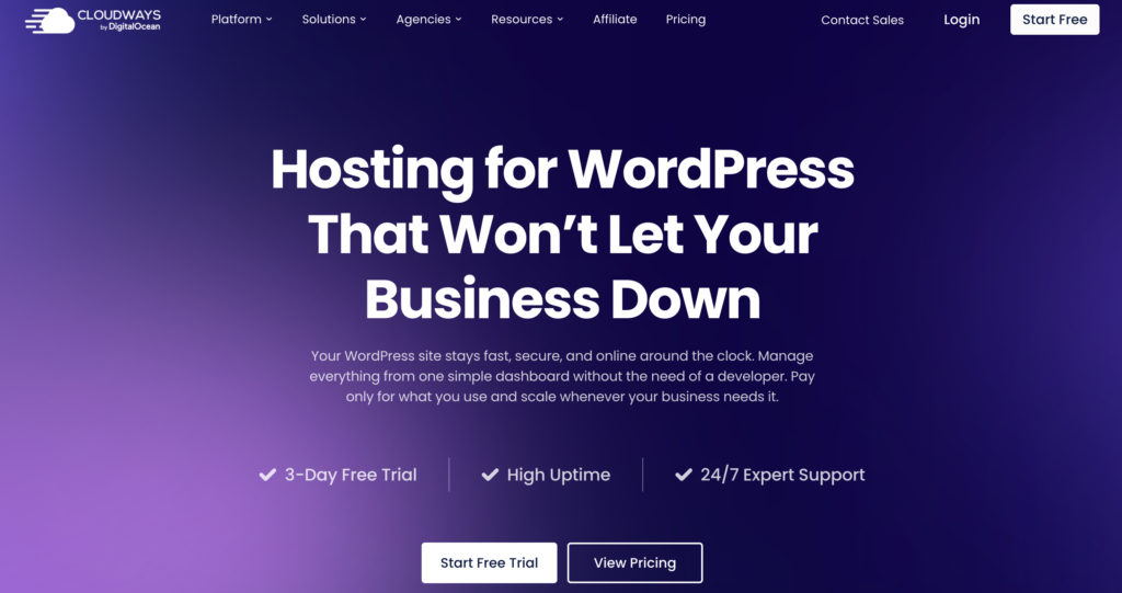Cloudways Hosting for WordPress homepage