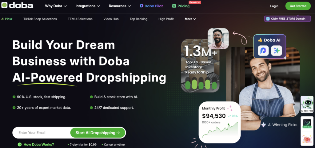 Doba AI-dropshipping store builder homepage.