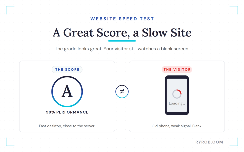 High GTmetrix score beside slow-loading phone.