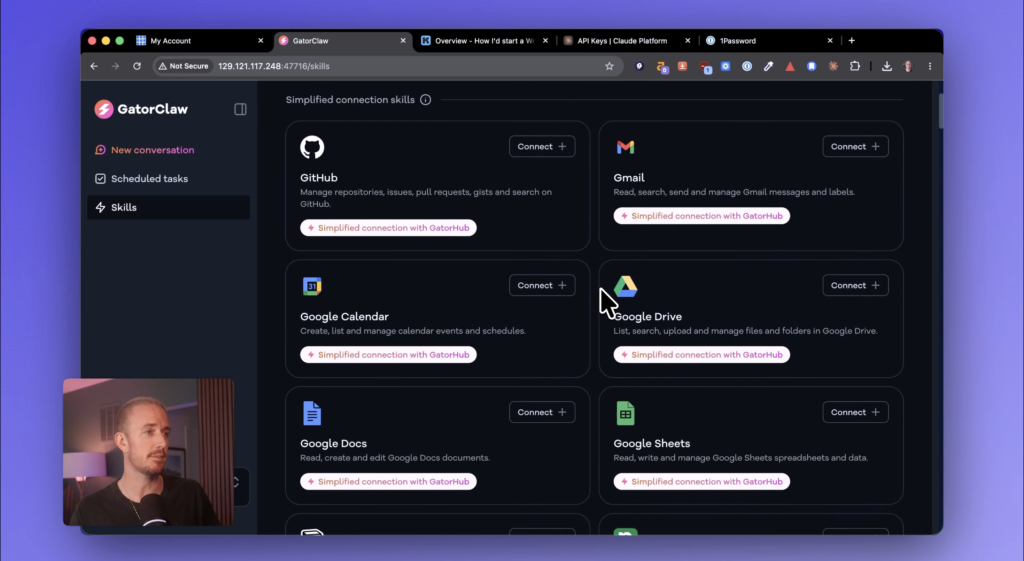Ryan Robinson showing Bluehost GatorClaw's tools and skills.
