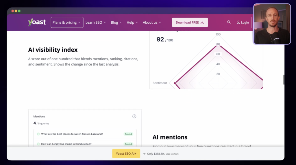 Ryan Robinson using Yoast SEO to check website's AI visibility