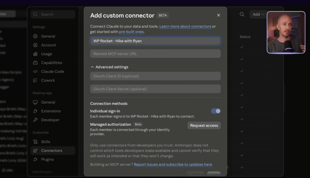Ryan Robinson adding WP Rocket connector in the Claude Desktop app