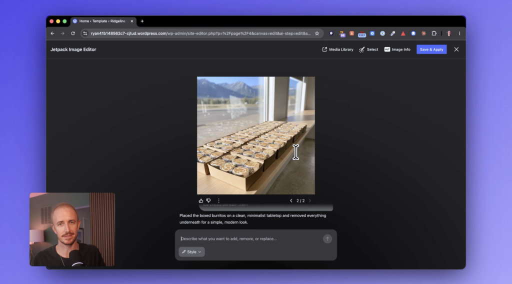 Ryan Robinson using the Jetpack Image Editor to clean up a breakfast burrito photo (screenshot).