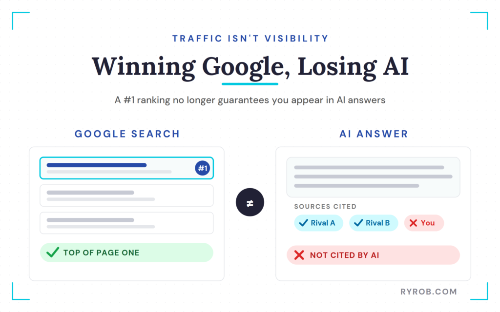 Ranking first on Google, uncited by AI.