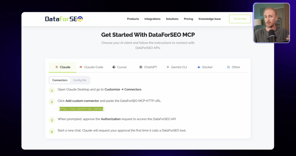 Ryan Robinson connecting Claude to DataForSEO for live search data