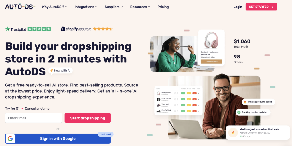 How to start a dropshipping store with AutoDS (homepage)