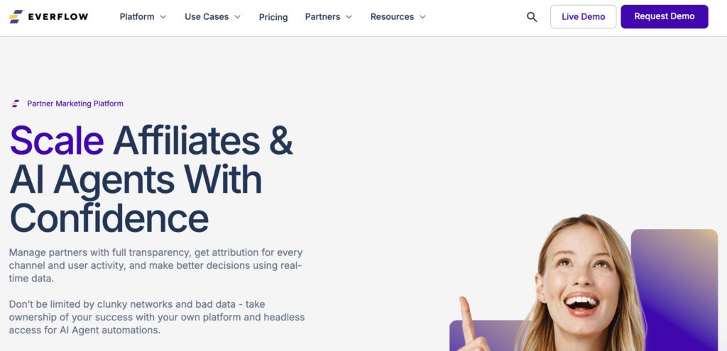 Manage affiliate program with AI (Everflow homepage)