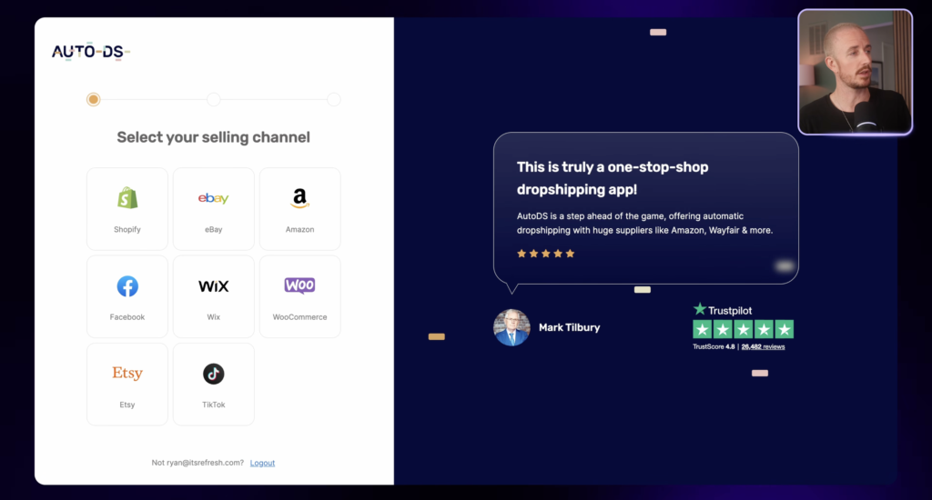Ryan Robinson connecting his Shopify store to AutoDS (screengrab)
