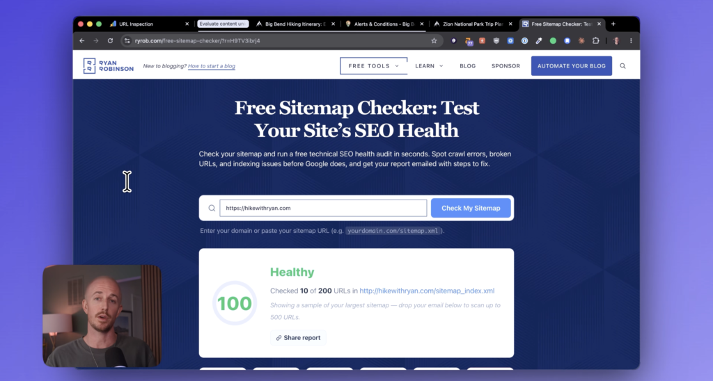 Ryan Robinson using his free sitemap checker tool.