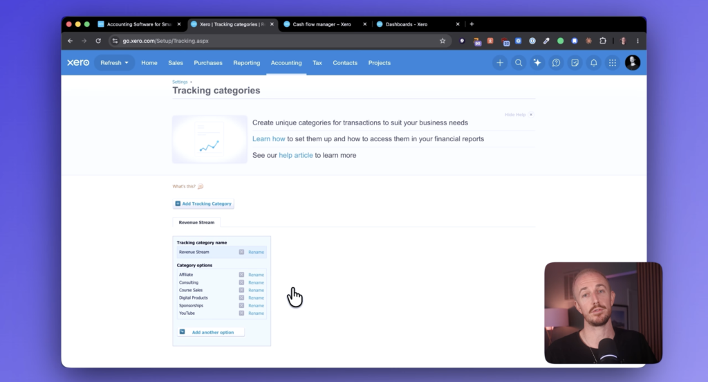 Ryan Robinson adding categories on Xero accounting software