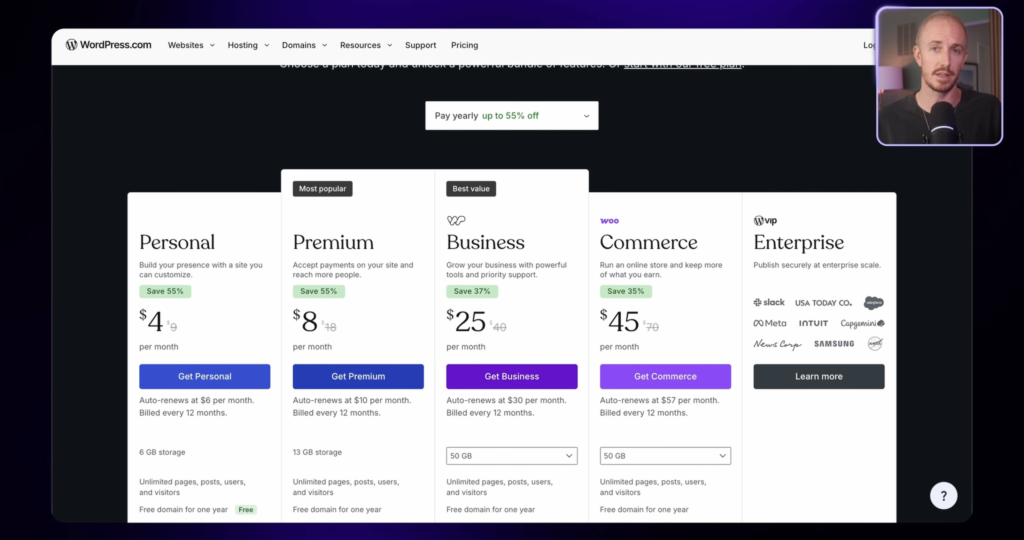 Ryan Robinson showing WordPress.com hosting pricing plans.
