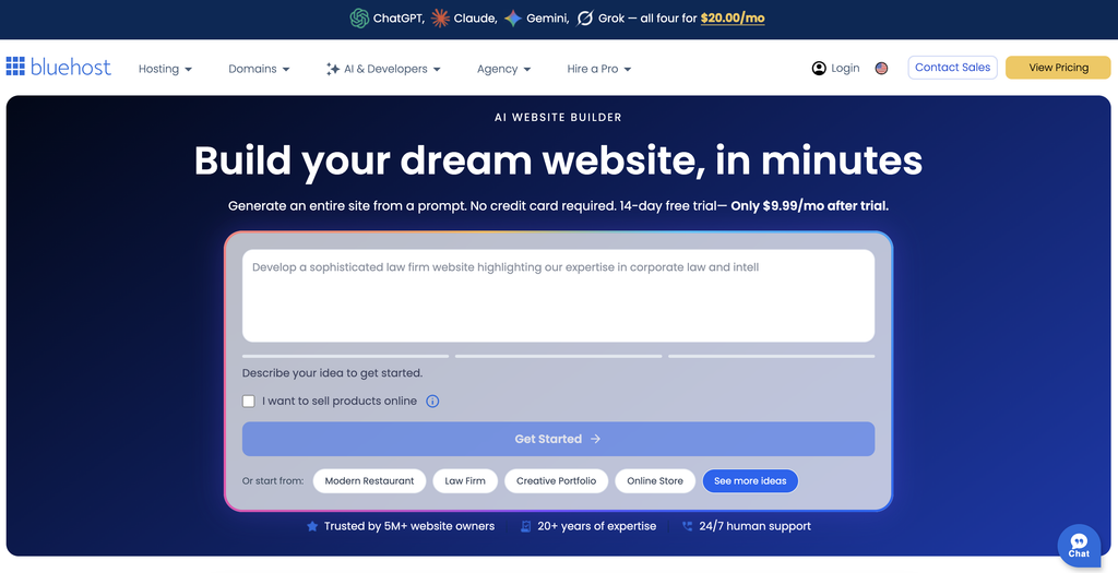 Bluehost AI website builder homepage