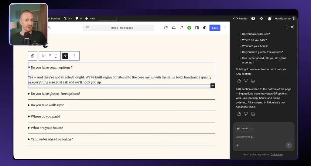 Ryan Robinson adding a clear FAQs section to his business website