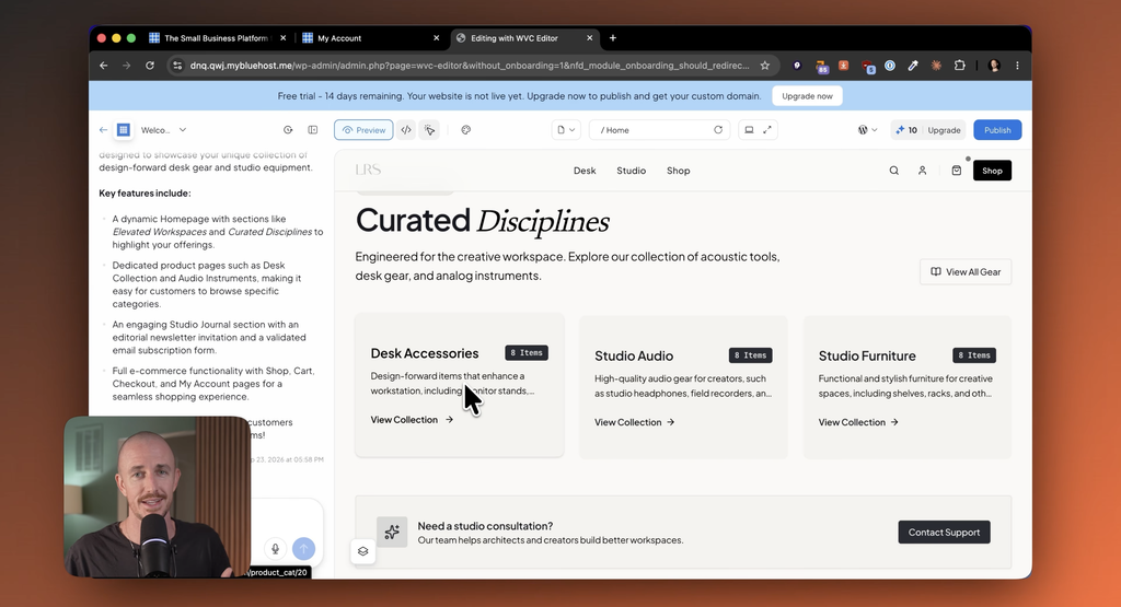 Ryan Robinson reviewing Bluehost AI store builder's template.