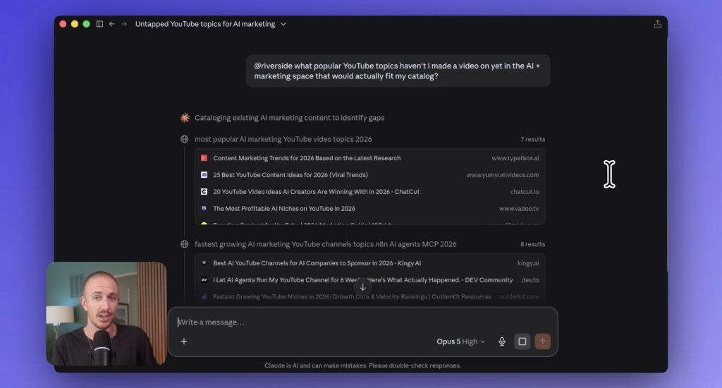 Claude answering Riverside YouTube topic prompt