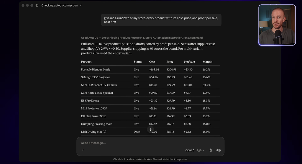 Ryan Robinson pulling a complete margins report for his AI dropshipping store.