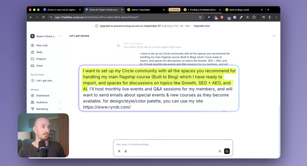 Ryan Robinson migrating his courses from Teachable to Circle