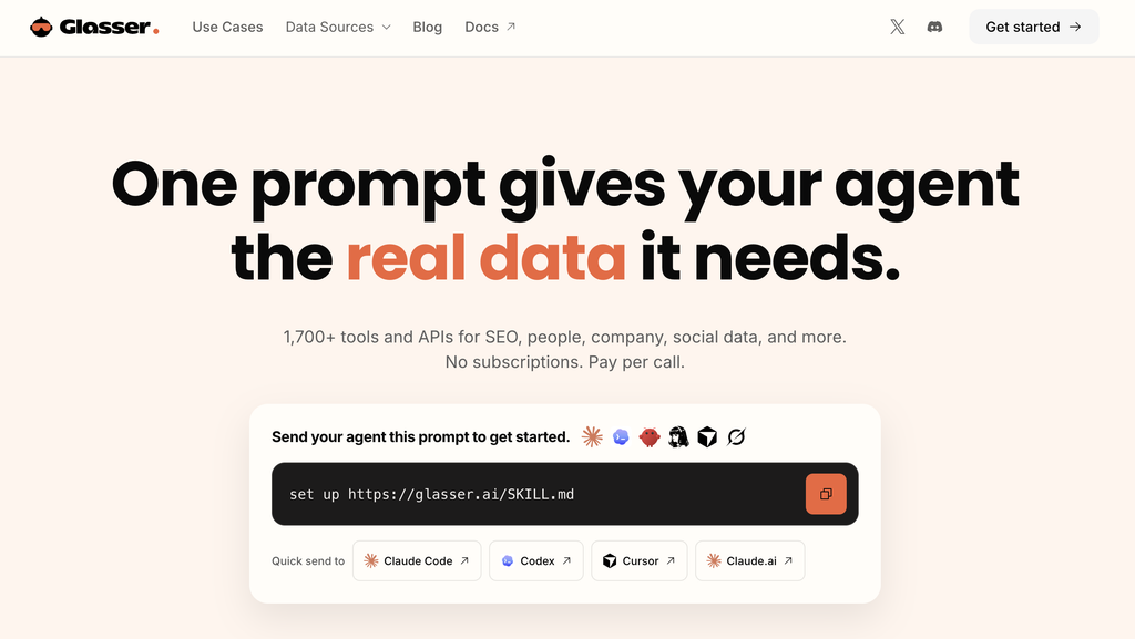 Glasser homepage showing its one-prompt setup for AI agents