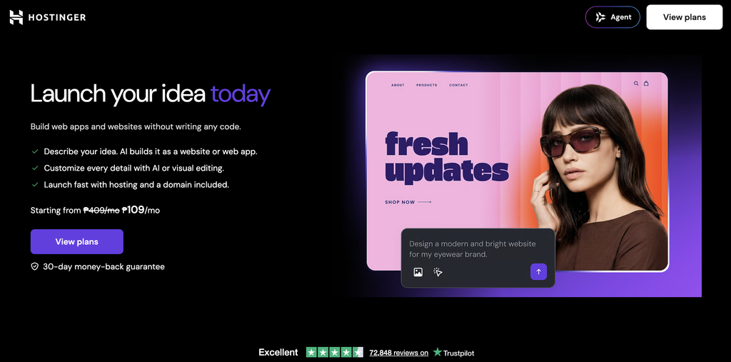 Hostinger app and website builder homepage