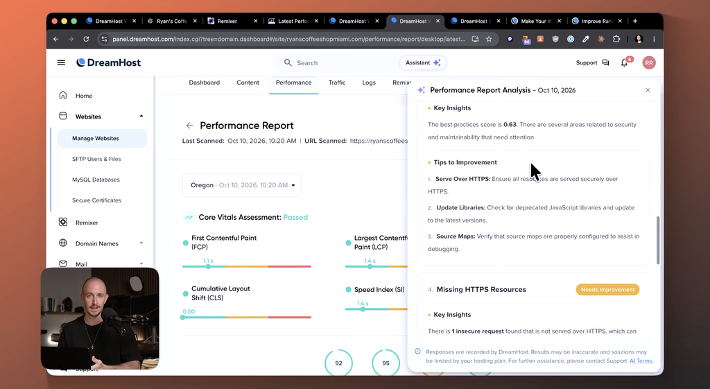 Ryan Robinson checking DreamHost’s performance report for his website.