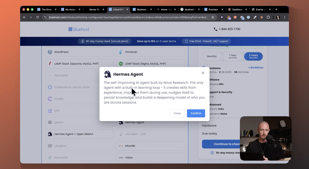 Ryan Robinson adding Bluehost Hermes agent on his website