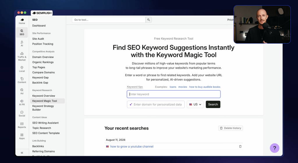 Ryan Robinson doing a keyword research using Semrush