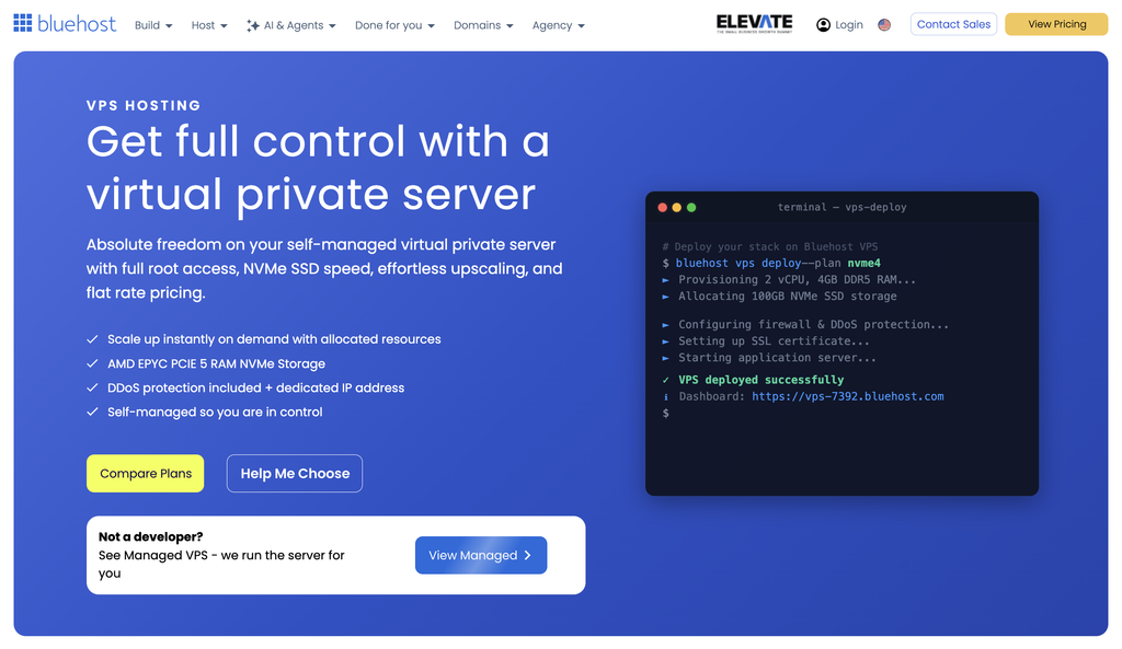 Bluehost VPS homepage