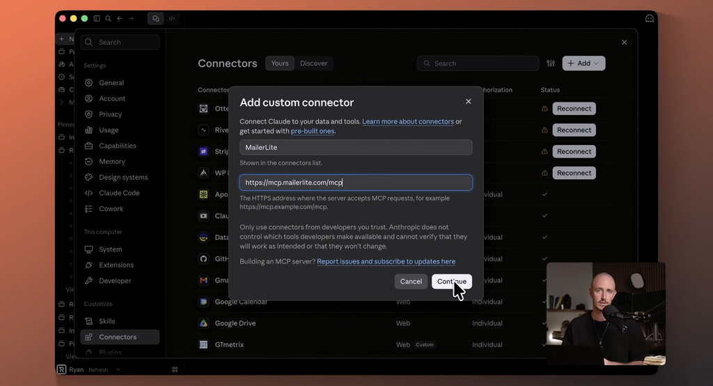 Ryan Robinson connecting MailerLite MCP to Claude
