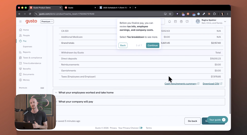 Ryan Robinson reviewing a pay run in Gusto before finalizing payment