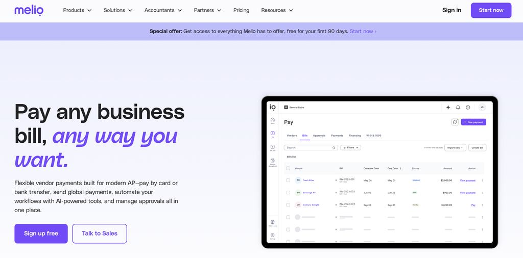 Melio homepage screenshot