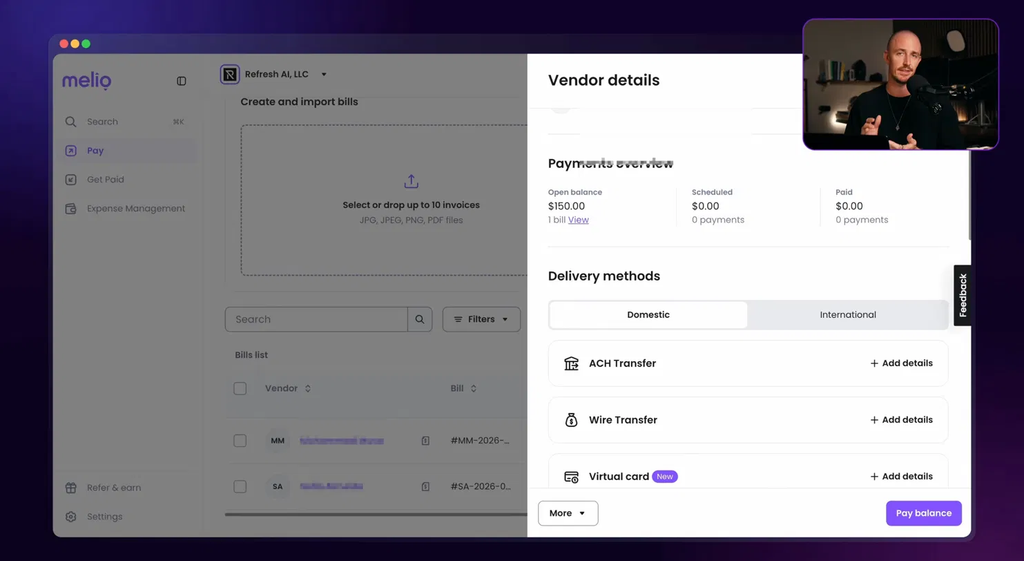 Ryan setting up a contractor’s payment delivery method inside Melio