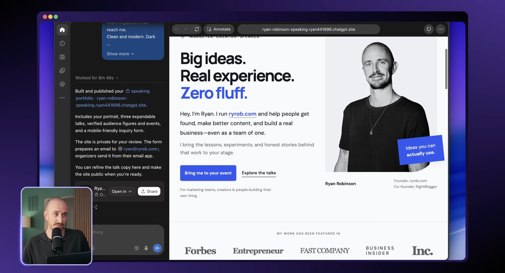 Ryan Robinson speaker portfolio site built with Codex